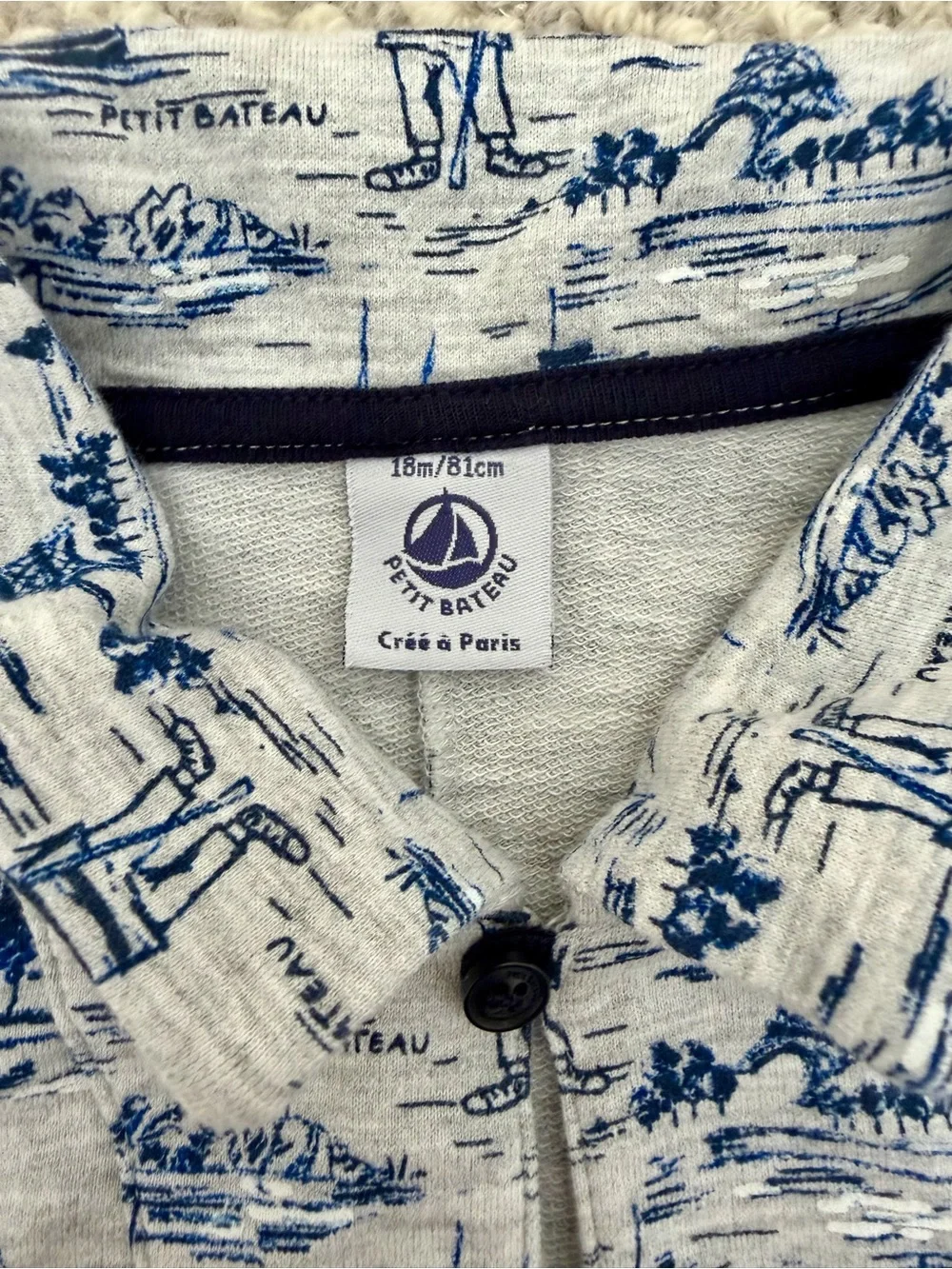 Petit Bateau Blue, Gray and White Nautical Print Short-Sleeved Romper 18 months
